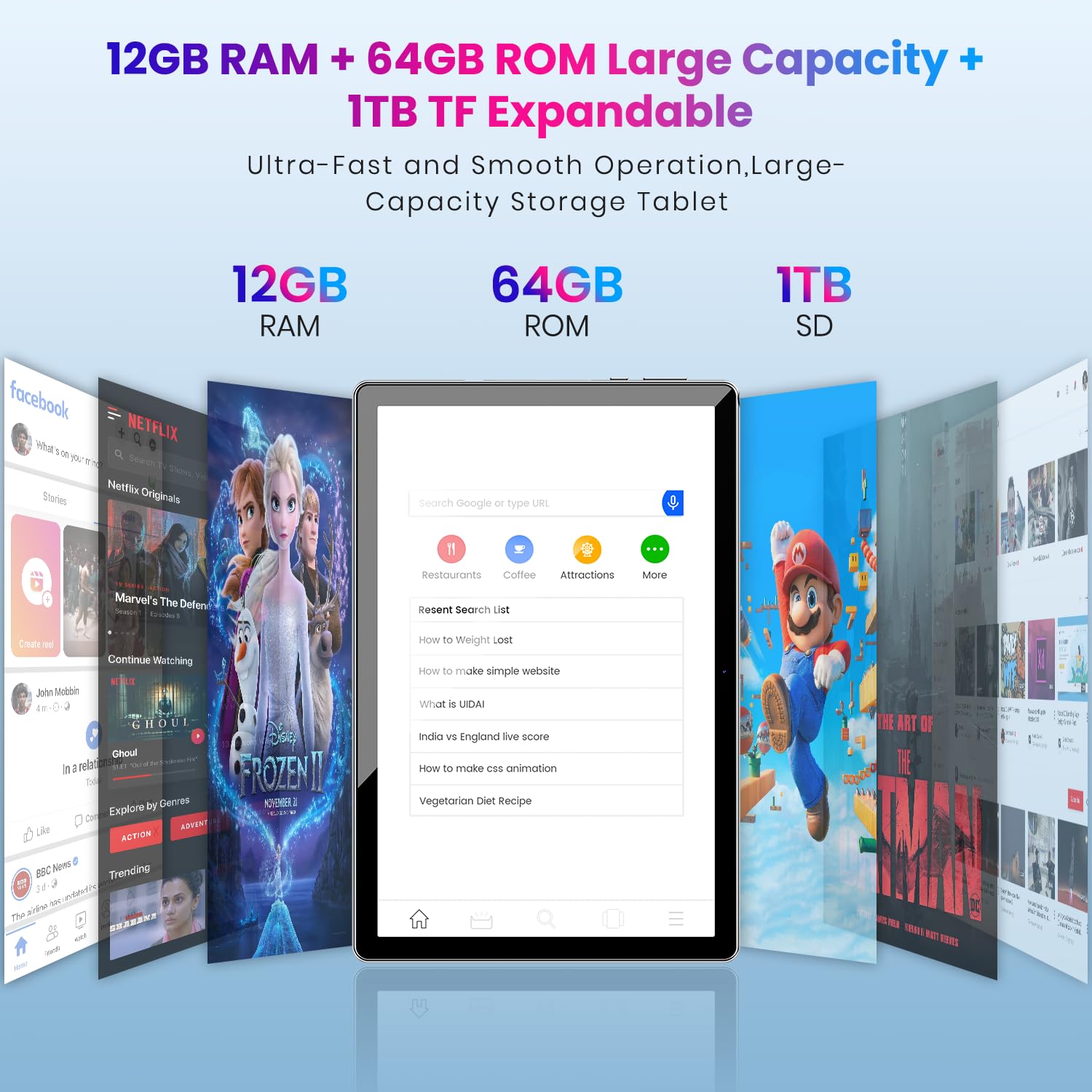 Tablet, 10.2 inch, Android 14 Tablets, Octa-Core, 12GB RAM + 64GB ROM (1TB Expand), 6000mAh Battery, 2.4G+5G Wi-Fi 6, 2MP+8MP Cameras, Bluetooth, 1280x800 FHD IPS (Gray)