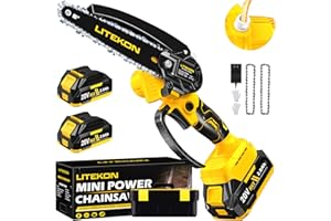 LITEKON Mini Chainsaw, 6 Inch Electric Chain Saws with 1000Watts Power Motor and Superior Wood Cutting Power, 2x2000 mAh Lithium-Ion Battery and Quick Charger Included (Yellow)
