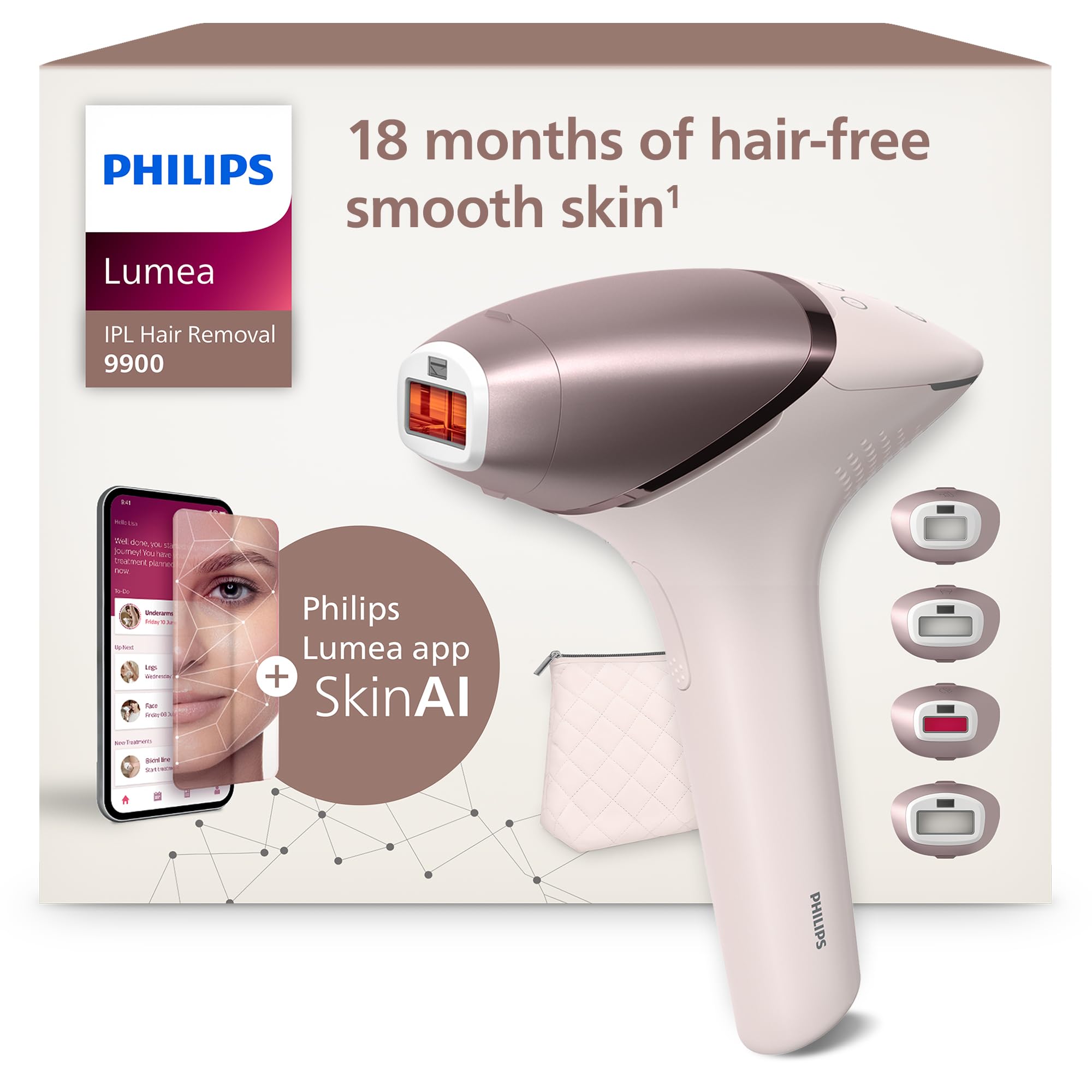 Philips Lumea IPL 9900 Series Haarentfernungsgerät mit SenseIQ & SkinAI Technologie – Alternative zur Laserhaarentfernung – 4 Aufsätze für Körper, Gesicht, & Präzisionsbereiche, kabellos (BRI951/00)