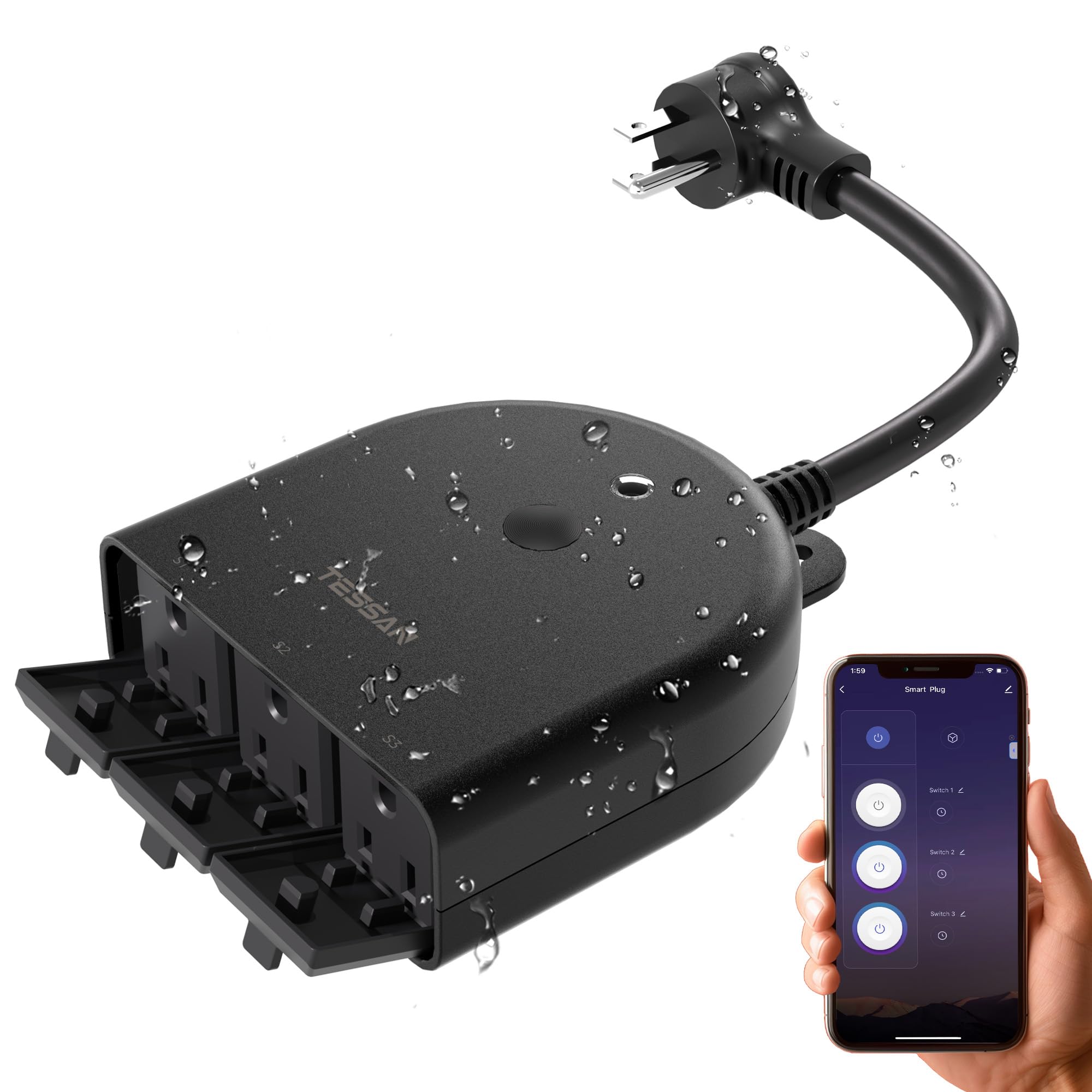 Photo 1 of TESSAN Outdoor Smart Plug Waterproof, 2.4GHz WiFi Only, WiFi Smart Outlet with 3 Individual Sockets Compatible with Alexa and Google Home, Remote Control and Timer Function