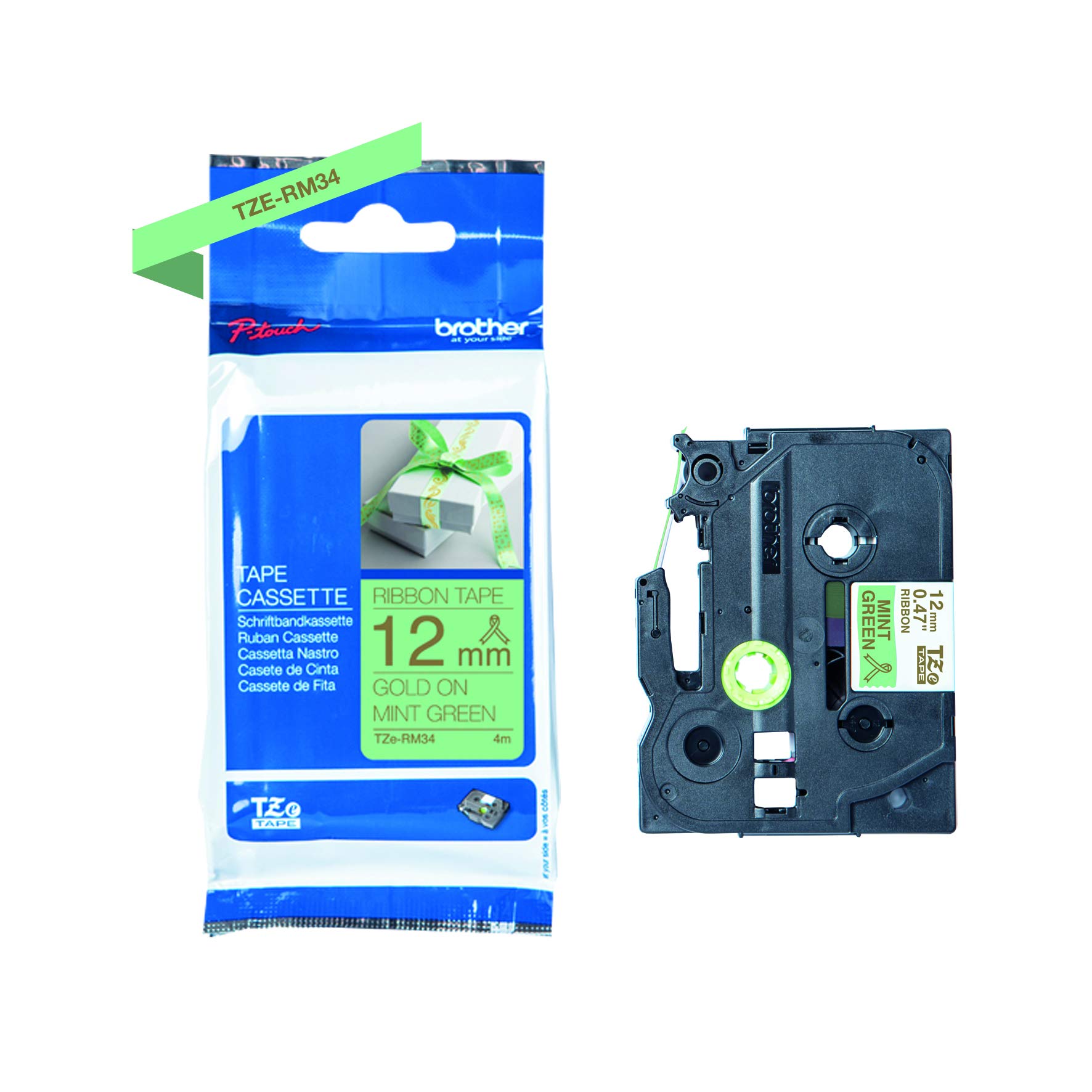 Brother TZe-RM34 Labelling Tape Cassette, Gold on Mint Green, 12 mm (W) x 4M (L), Ribbon Tape, Brother Genuine Supplies