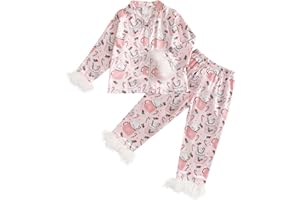 fyclemt Toddler Baby Girl Boy Christmas Silk Satin Pajamas Santa Button Pjs Kids Long Sleeve Shirt Pants Xmas Pjs Sleepwear
