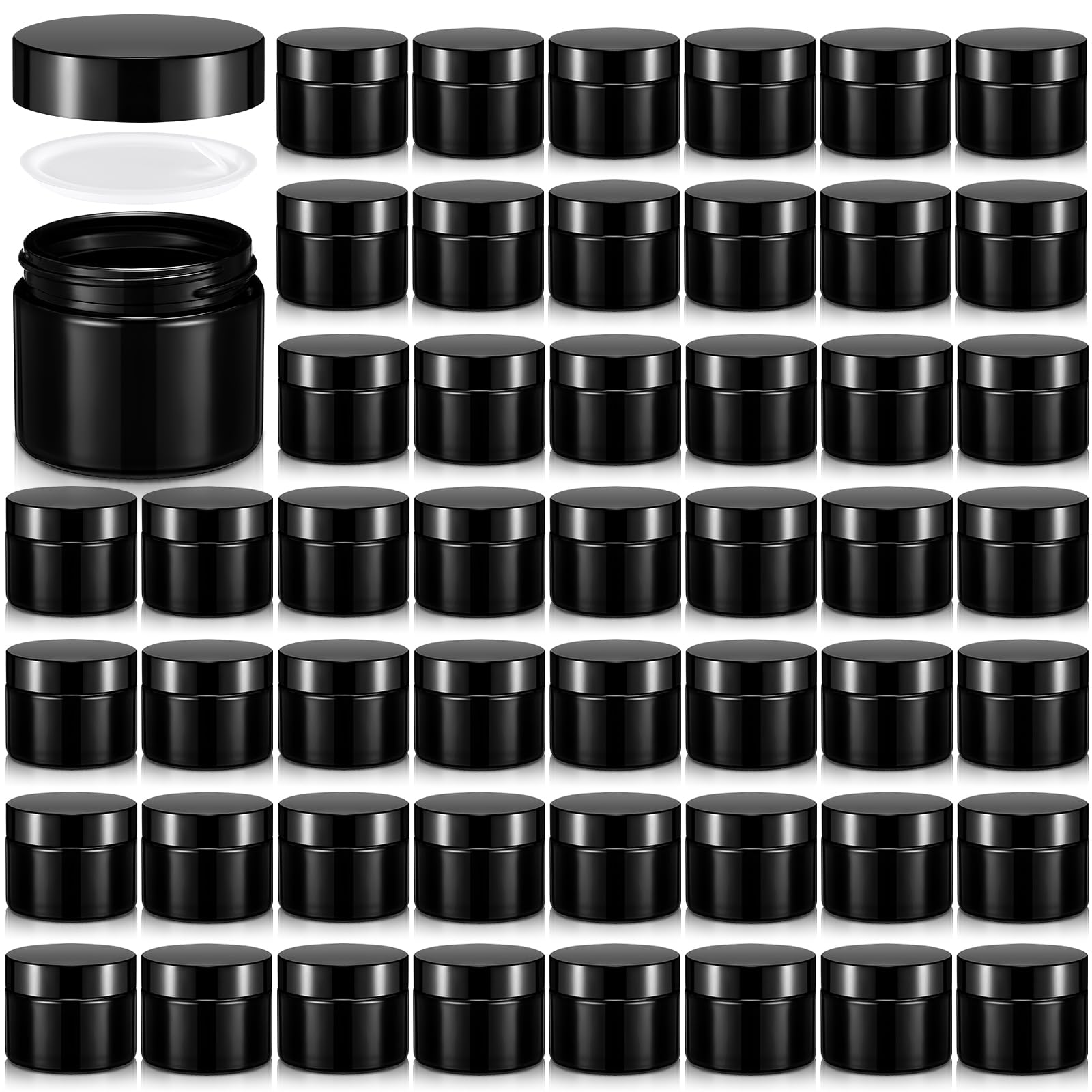 Photo 1 of Domensi 48 Pcs 2 oz Glass Jars with Lids Travel Size Round Leakproof Empty Cosmetic Jars with Inner Liners Lid for Storing Makeup Lotions Face Cream Ointments Candle DIY Making (Black)