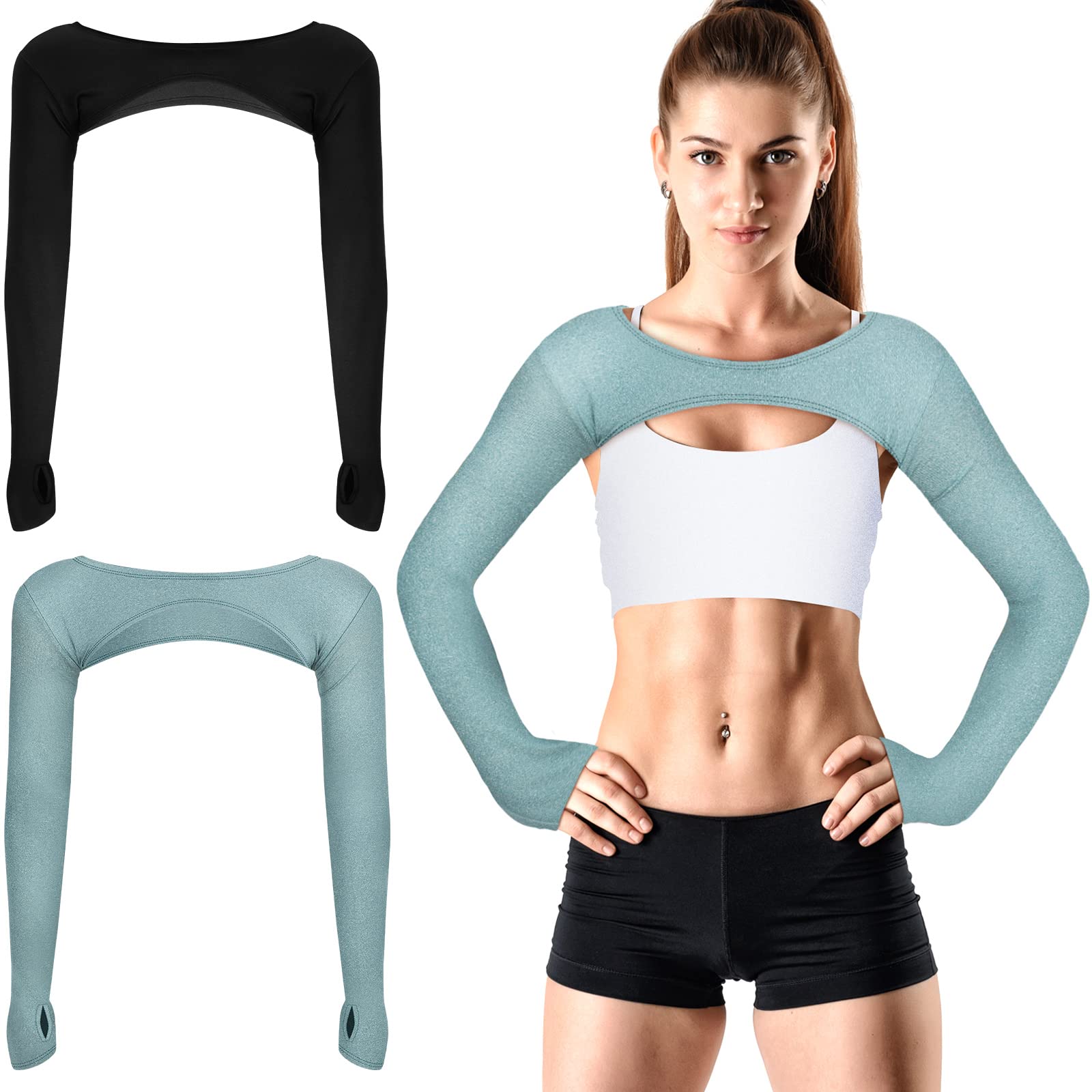 Photo 1 of Janmercy 2 Pieces Women's Long Sleeve Crop Tops Cutout Workout Bolero Shrug Ballet Yoga Sports Shrug Casual Cropped Tops(Black and Blue, L)
