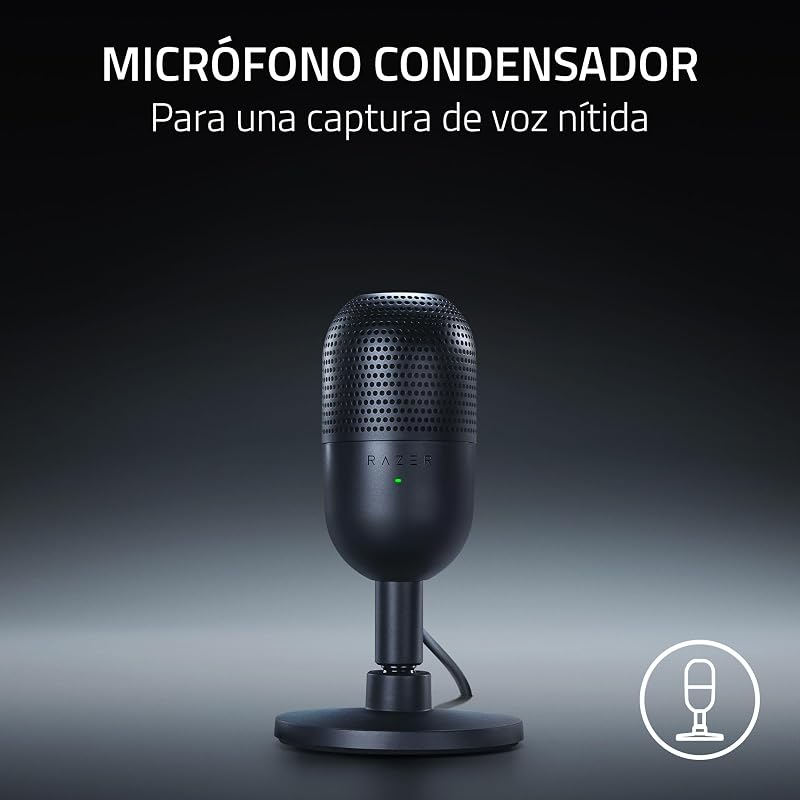 Razer seiren v3 mini - microfone usb ultracompacto - microfone condensador de 14 mm (padrão de captação supercardióide, sensor tap-to-mute com indicador led, amortecedor integrado) preto