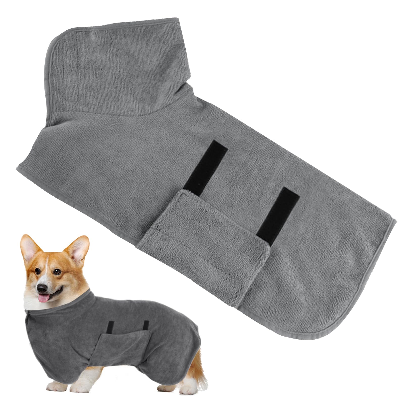 Funmo Dog Bathrobe, Small Dog Bathrobe, Grey, Super Absorbent, Fastening, Adjustable, Polyester & Polyamide, Perfect for Drying After Bathing, Walking, Swimming