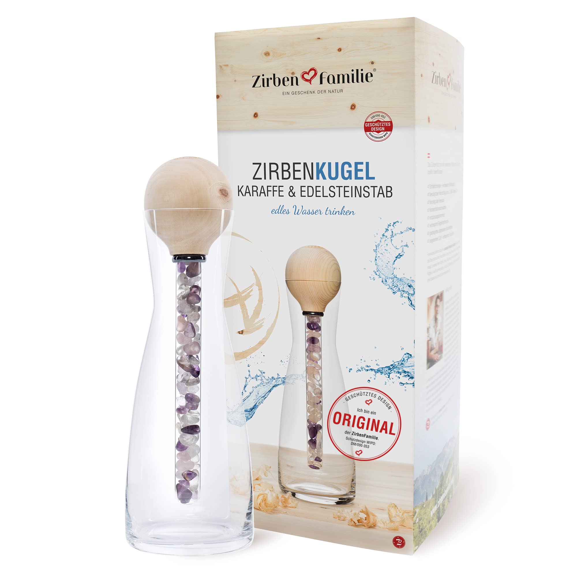 Original Swiss Pine Ball Gemstone Stick Set • Crystal Glass Carafe with Naturally Scented Swiss Pine Ball from the Swiss Pine Family – Known from Specialist Trade and the Hotel Industry