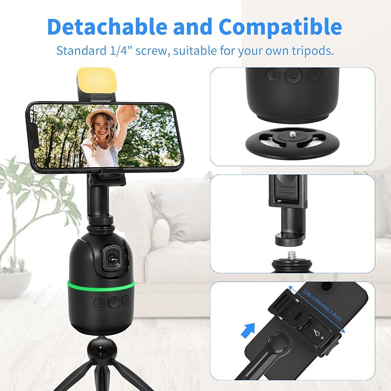 Trípode de Seguimiento automático de Cara/Cuerpo, no Requiere aplicación, Soporte de teléfono de rotación de 360° con luz de Relleno, Soporte de teléfono de Seguimiento automático, Control de — foto 5 de 6