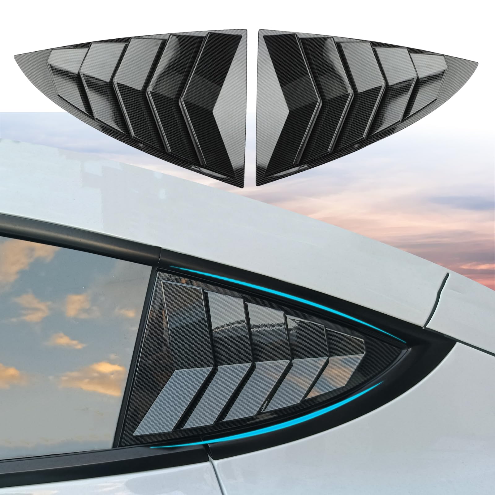 Photo 1 of XTnueotr for Tesla Model 3 Rear Side Window Cover Louver Sport Style, for Tesla Model 3 2017-2025 Exterior Decoration Accessories (Model 3-Glossy Carbon Fiber Pattern)