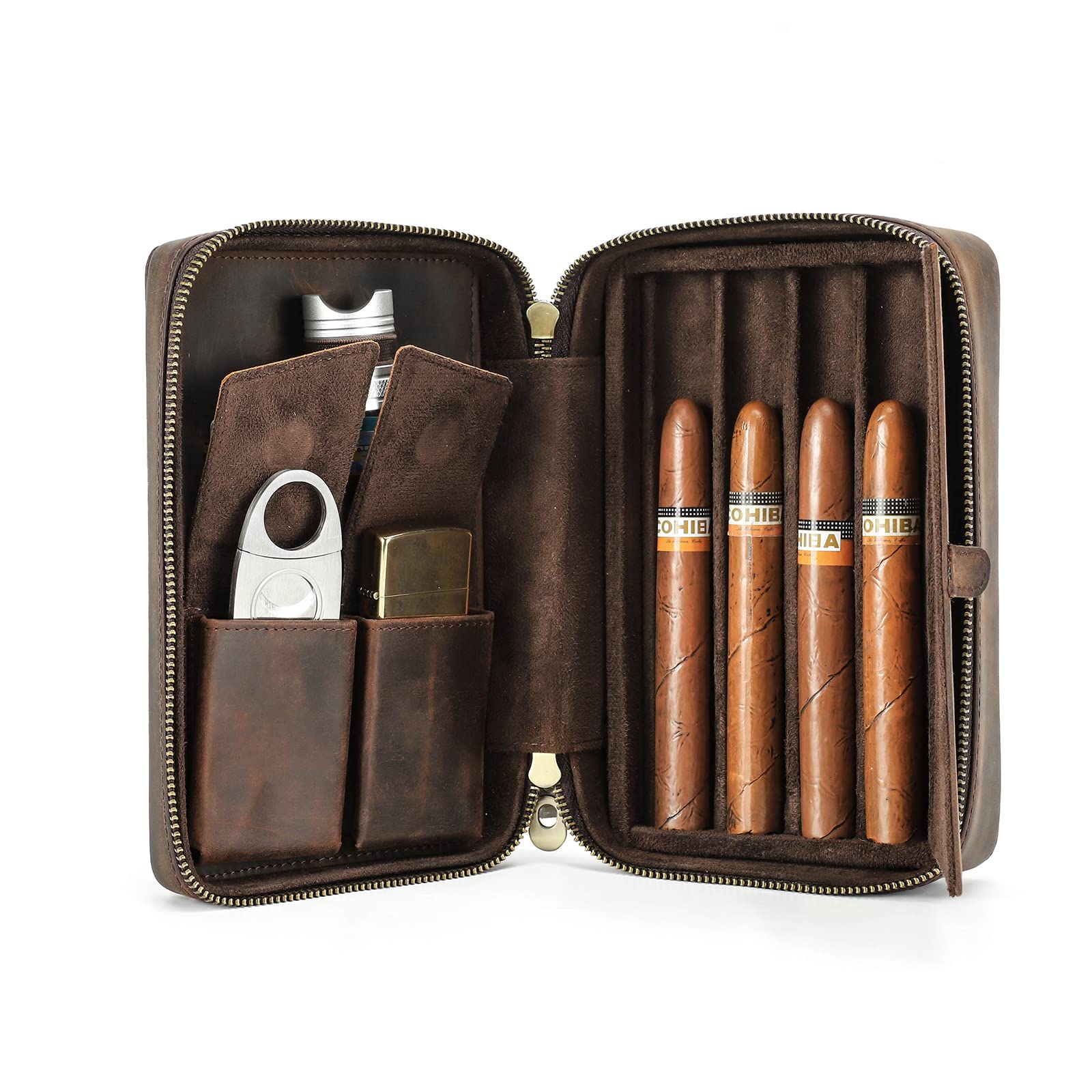 Hiram Cigar Travel Box, Leather Cigar Case for 4 Cigars Portable Cigar Box with Hand Strap, Cigar Humidor Bag with Cards Slot and Pocket for Cigar Cutter, Lighter and Holder — image 1