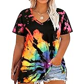 CARCOS Womens Plus Size Tops Basic Summer Shirts Short Sleeve V Neck Tunics Casual T-Shirt Loose Fits XL-5XL