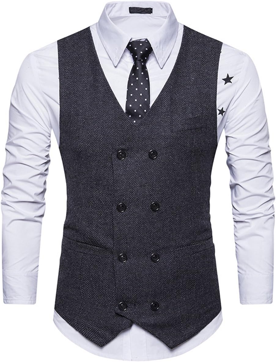 Mirecoo Men Slim Fit V Neck Double Breasted Tweed Business Casual Waistcoat Suit Vest