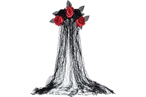 DDazzling Day of The Dead Floral Headband Dia De Los Muertos Costume Halloween Flower Headpiece,Black Red Flower