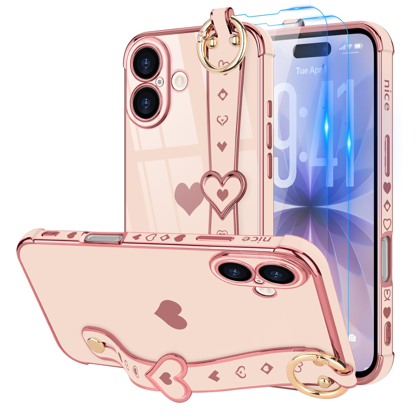 LLZ.COQUE Compatible with iPhone 17 Case with Strap for Women Girls [2× Screen Protectors], Cute Love-Hearts Design, Wristband Kickstand Luxury Plating Edge Protective Phone Case (6.3") - Pink