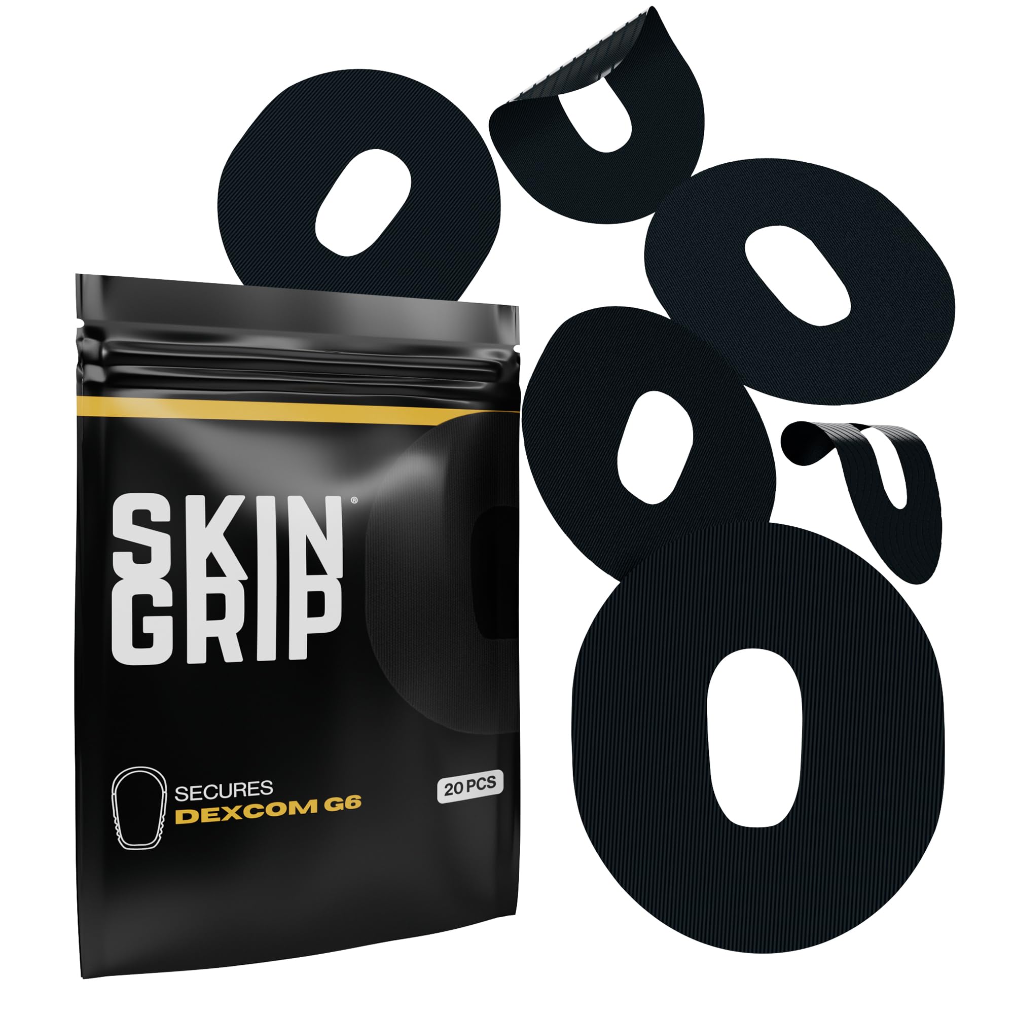 Skin Grip Adhesive Patch Compatible with Dexcom G6 Adhesive Patches Waterproof & Sweatproof with Cutout, Lasts 10-14 Days, Continuous Glucose Monitor Patch, CGM Sensor Cover – 20 Pack, Black