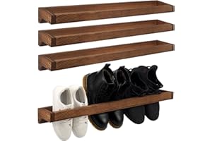 Wenqik 4 Pcs Wall Mounted Shoe Rack 30 Inch Rustic Wood Wall Hanging Shoe Rack Space Saving Footwear Holder Shoe Storage Organizer for Mudroom, Entryway, Closet (Burnt Wood)