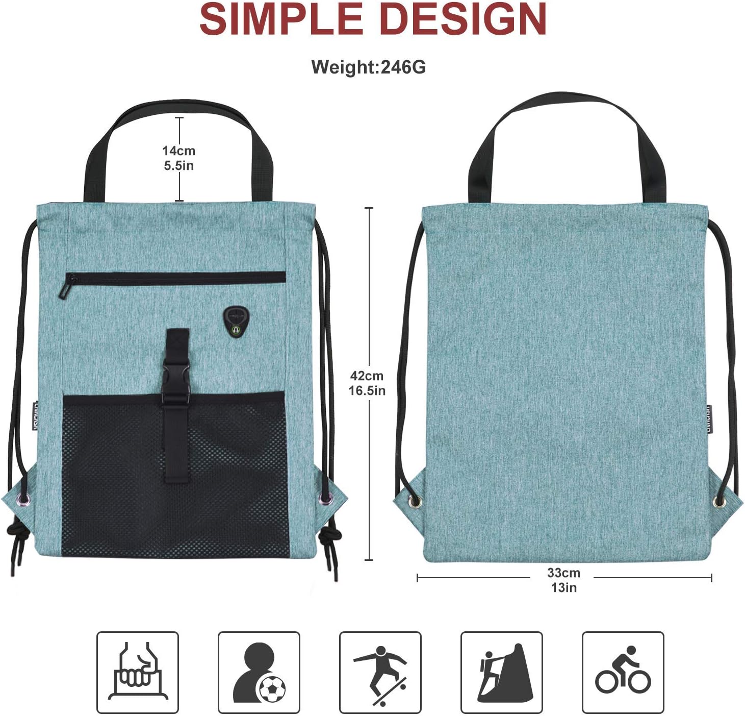 LIVACASA Drawstring Bag Gym with Pockets Sports Sack with Handle Drawstring Backpack Travel for Men Women Green 16.5x13In: Sports & Outdoors