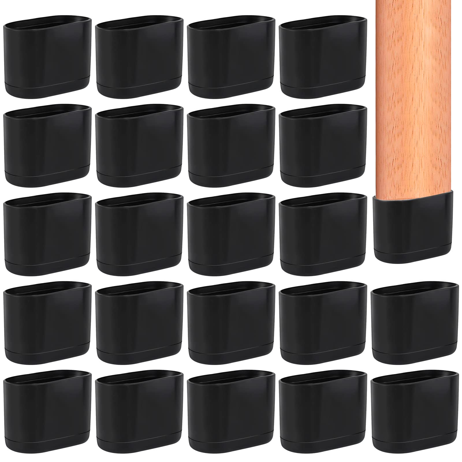 Black Chair End Caps, 24 x Chair Leg Protectors to Protect Furniture and Floor, Suitable for Oval Shaped Table Legs and Plastic Chair Leg (4.3 x 2 x 3 cm)