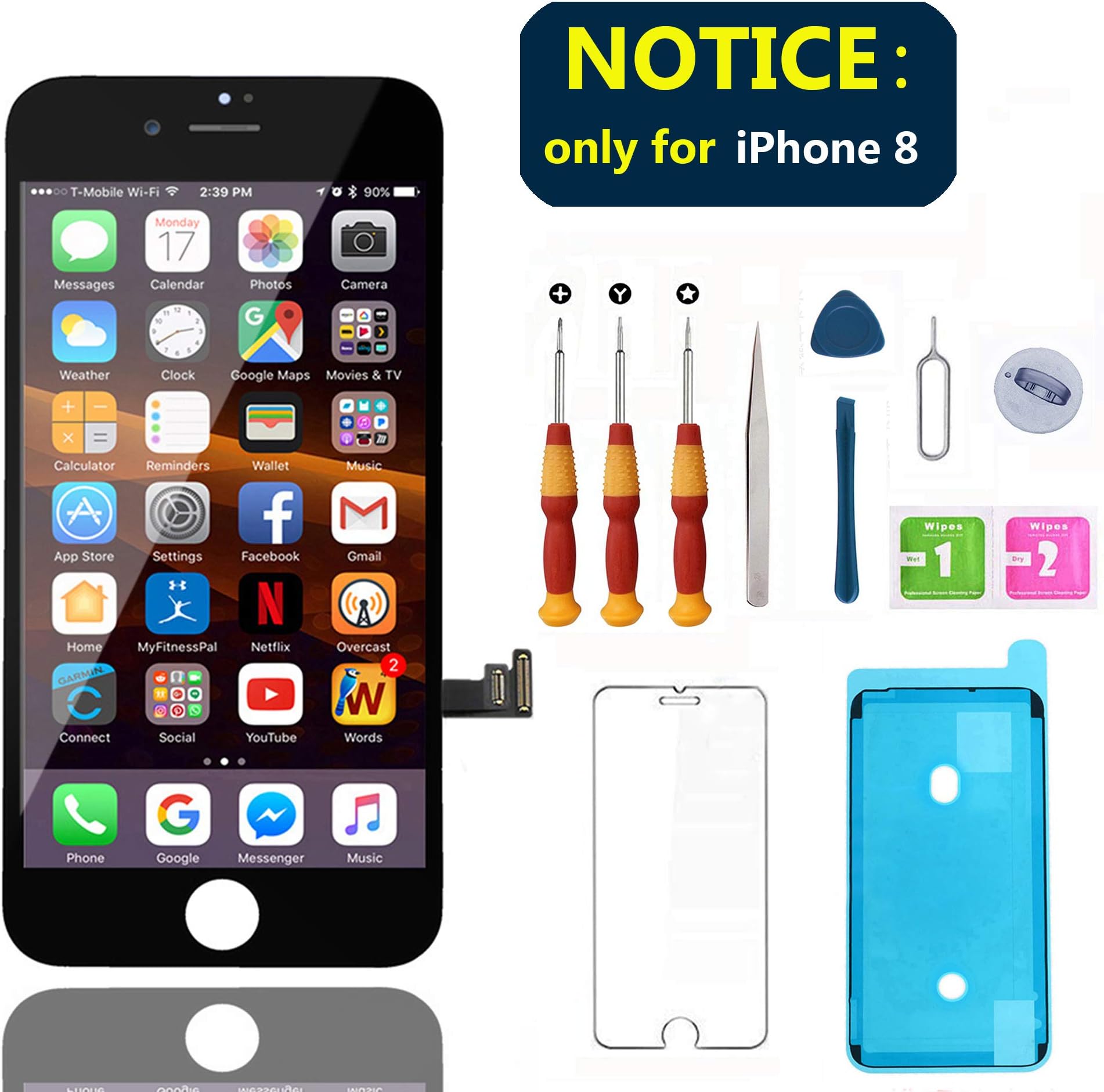Swgrdin LCD Display Frame Assembly for iPhone 8 Screen Replacement Black 4.7", 3D Touch Screen for iPhone 8 Digitizer Replacement Tool Kits with Free Screen Protector, A1863, A1906, A1906 Only