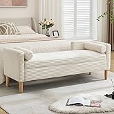 NIOIIKIT 65" Large Storage Ottoman Bench with 2 Pillows, Corduroy Upholstered Entryway Bench with Wood Leg, End of Bed Bench 