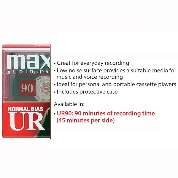 MAXELL UR 90 NORMAL BIAS BLANK AUDIO RECORDING CASSETTE TAPE, LOW NOISE, 90 MINUTE RECORDING TIME, 5 PACK