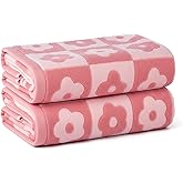 Xosjska 2-Pieces Luxury Bath Towels Checkered Floral, Pink Bath Towels, Highly Absorbent Towels for Bathroom & Pool Days, Cotton, 27.5x55 Inches (Pink)