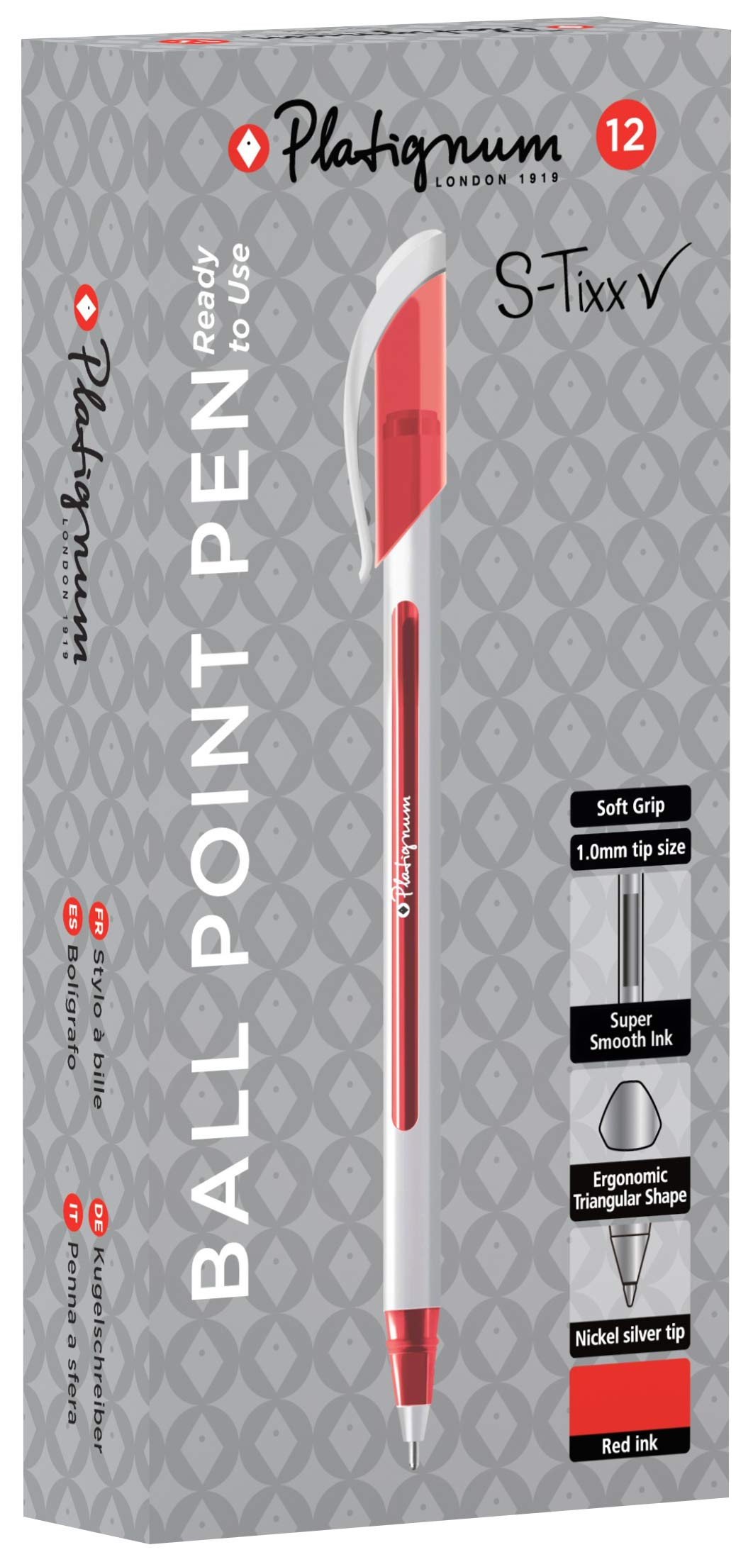 Platignum S-Tixx Red Ballpoint Pen [Pack of 12] Soft Grip Barrel with LV Ink for Smudge-Free and Ultra-Smooth Writing [50514]