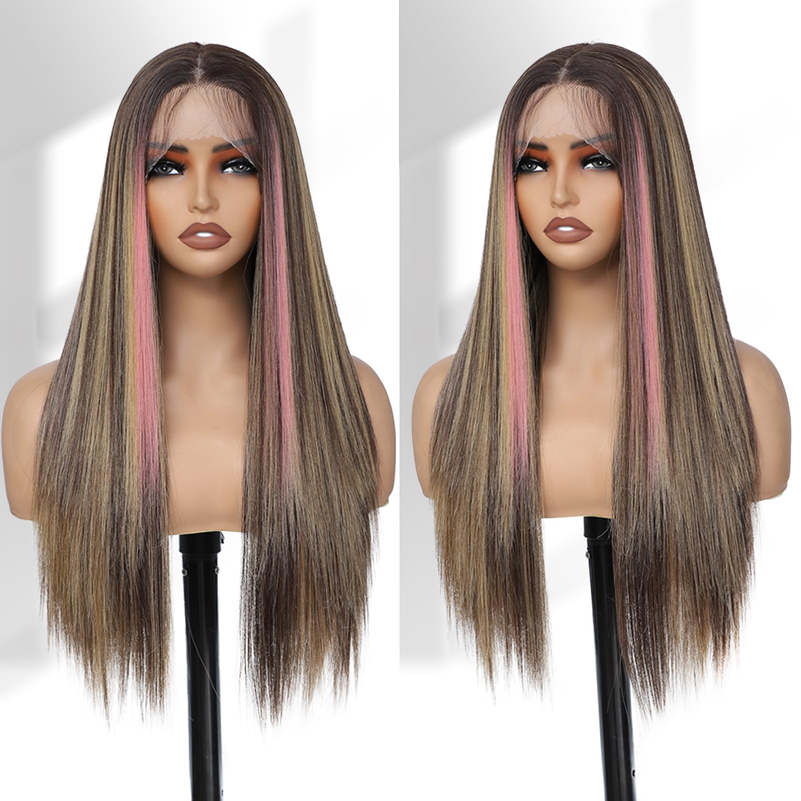 X-Tress Pink Highlight Wig Lace Front Wigs Glueless Long Straight for Women Pre Plucked with Baby Hair 26 Inch Pink Color Forehead Synthetic Lace Front Wig