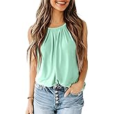 Dokotoo Tank Top for Women Round Neck Pleated Long Flowy Womens Tank Tops Loose Fit Summer Tops Cute Basic 2025