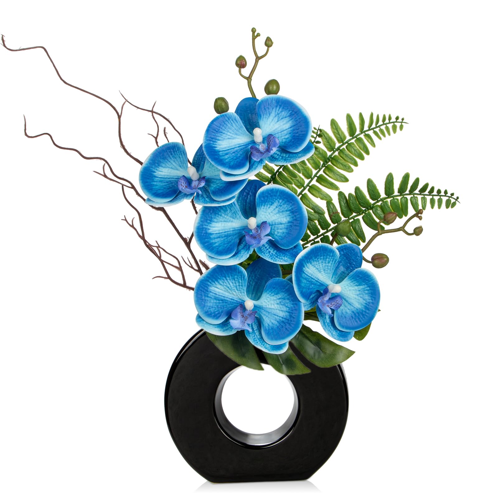 Oairse Artificial Orchid Flowers 41cm Blue Orchid Silk Flowers with Ceramic Black Vase Faux Phalaenopsis Flower Arrangement for Home Office Kitchen Table Centerpiece Decoration