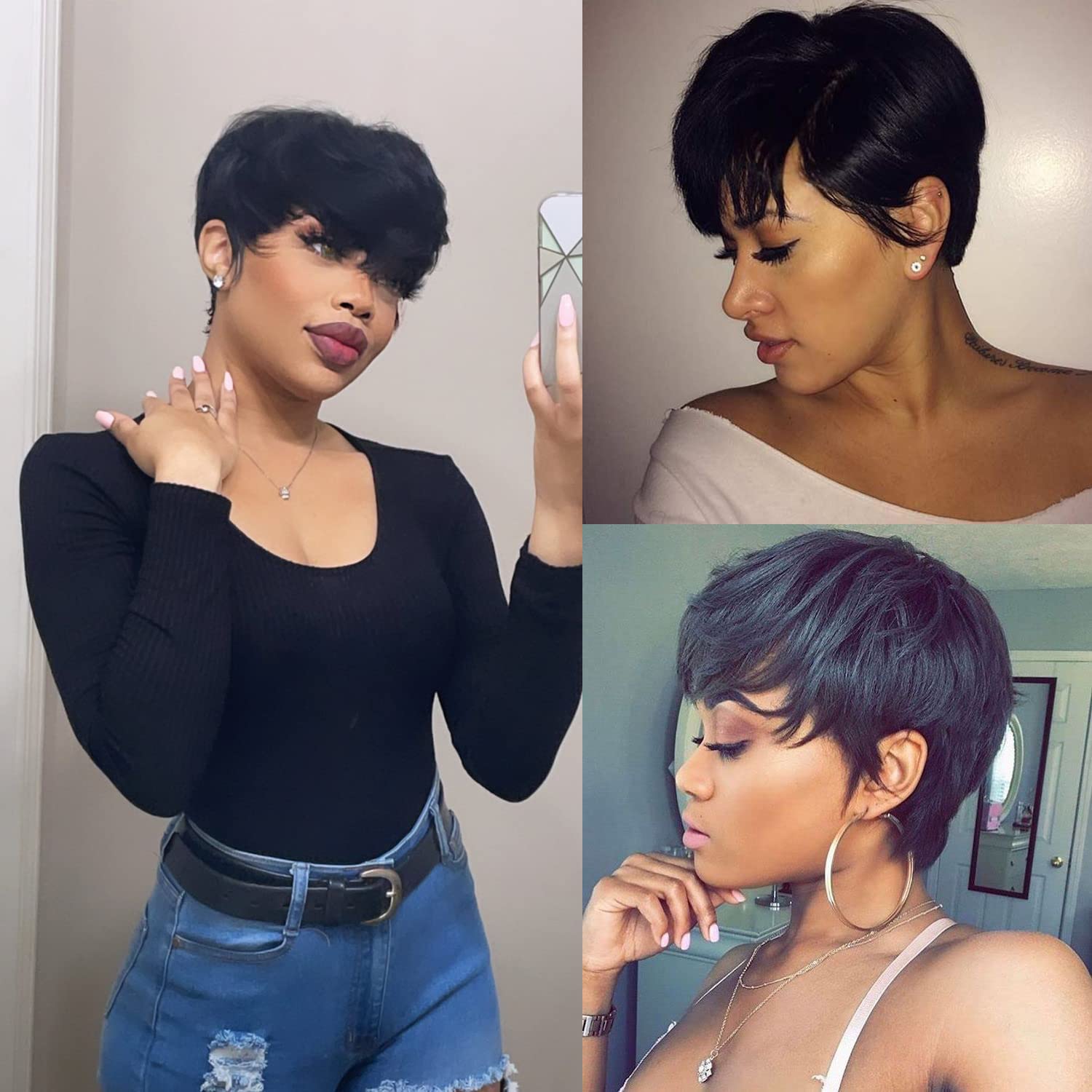 Fereowth Short Human Hair Wig Pixie Cut Wigs with Bangs Straight Short Wigs for Woman Black Layered Wavy Wig for Women Black Color 1B