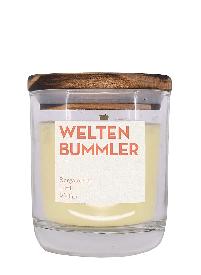 UpCandle aus Berlin - Duftkerze aus Rapswachs und natürlichen ätherischen Ölen in Recycling-Glas - Weltenbummler (150 ml)