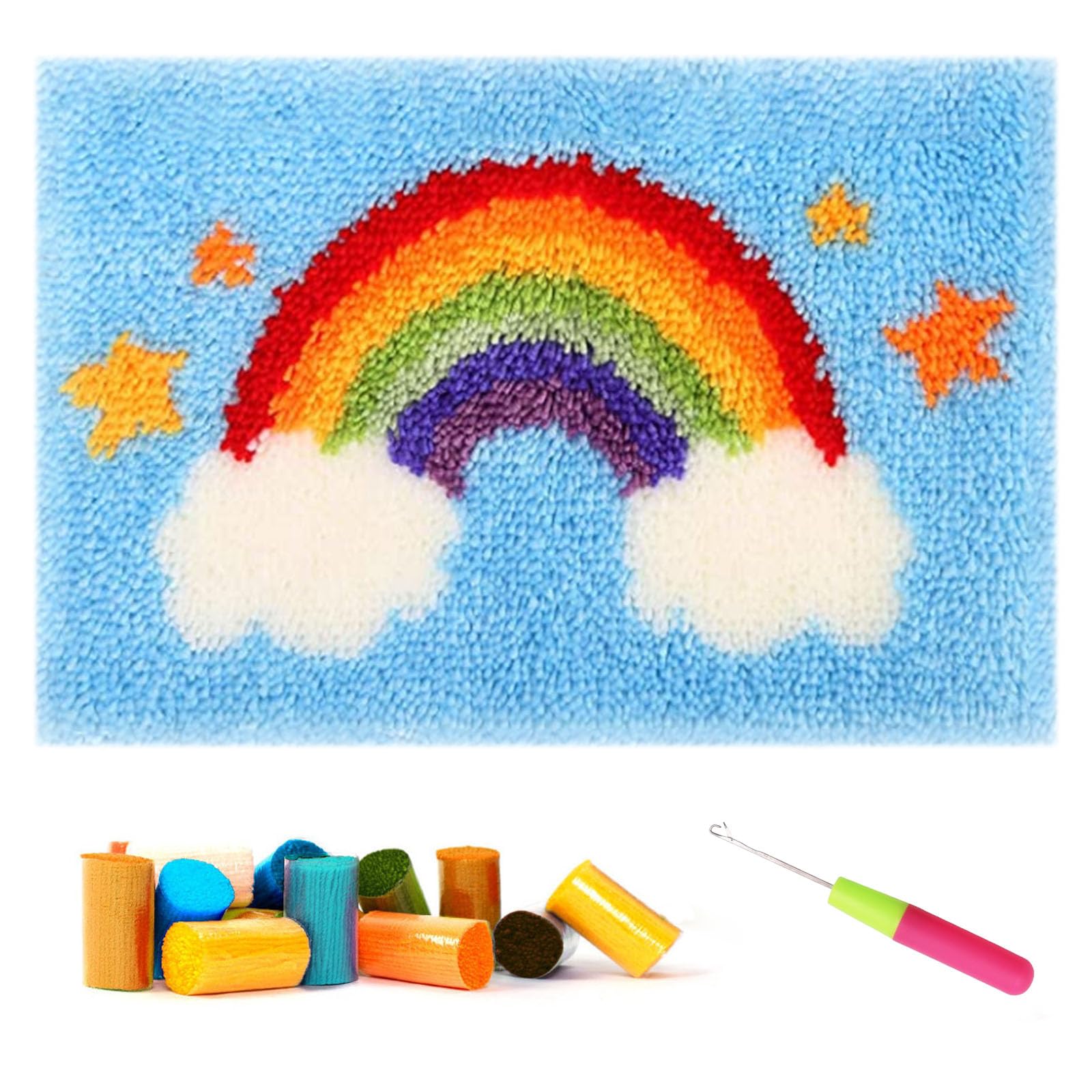 CCWORAN Rainbow Rug Making Kit For Adults Diy Craft Latch Hook Rug Kit Set Tapestry Cushion Patterns Printed Mesh Mat Canvas Wool Yarn โ image 1