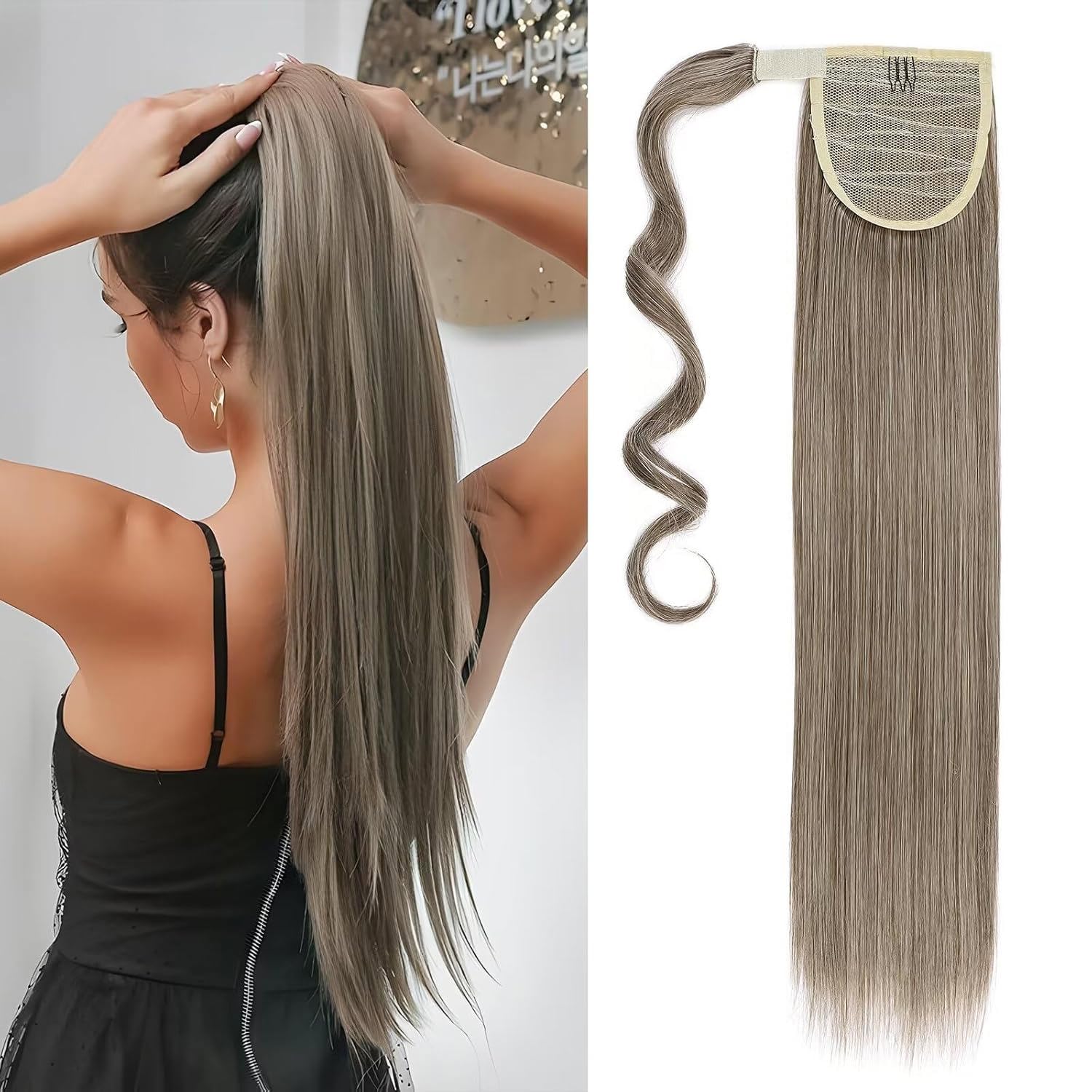 Silk-co Clip in Ponytail Wrap Around Hairpiece Straight Pony Tail Hair Clip on Extension 28 Long hair smooth Heat-Resisting Fiber Hairpiece for Women Light Brown&Blond II