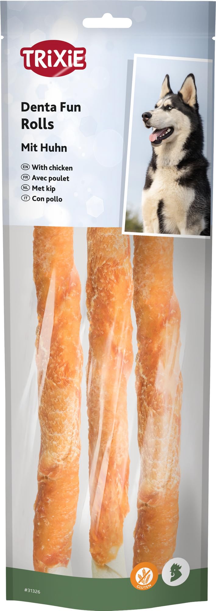 TRIXIE Denta Fun Rolls with Chicken - Beef skin coated with chicken fillet - 3 pieces - 28 cm - 250 g - Gluten free - 31326