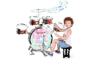 TWFRIC Kids Drum Set with Light Music Toy Drum Set for Toddlers Rock Jazz Drum Kit with Stool, Bass Drum, 4 Small Drums Percussion Musical Instruments Toys for 3 4 5 Year Old Boys Girls Gifts Ages 3-5