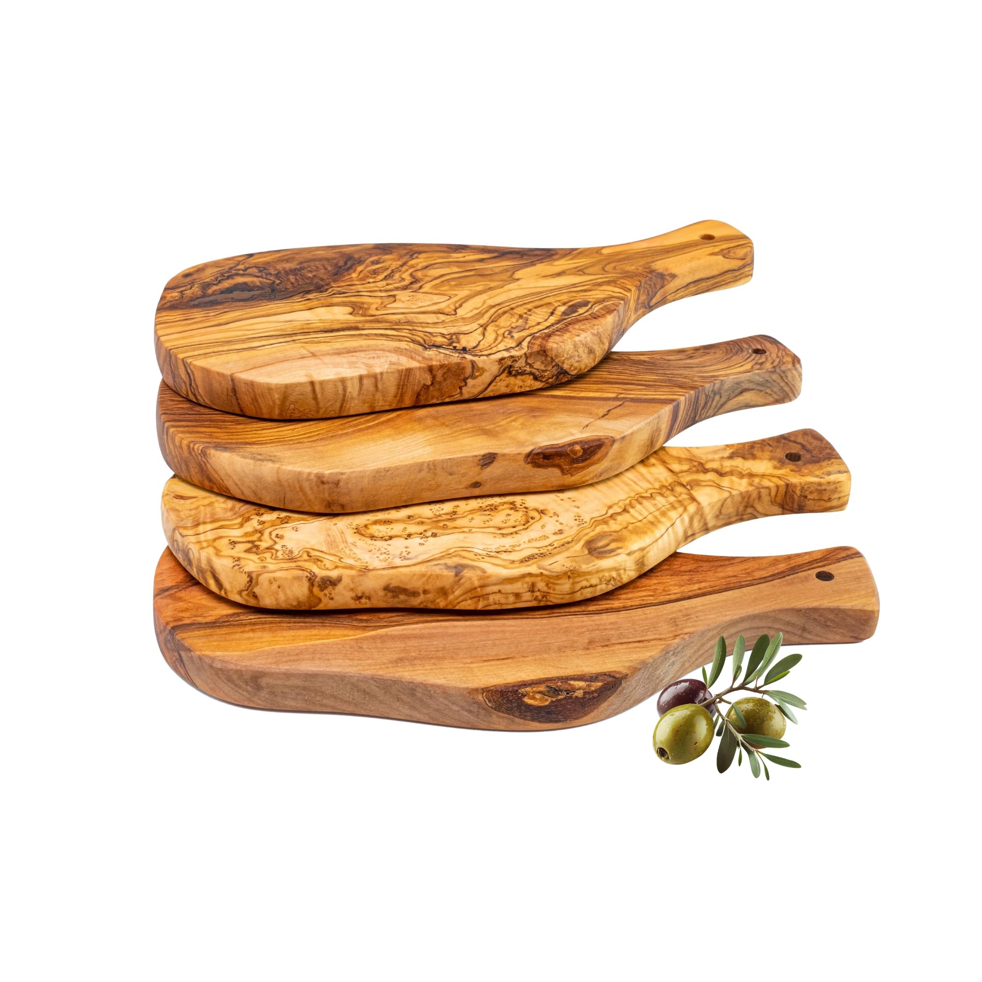 Erreke Wooden Chopping Board Set, Handmade Natural Olive Wood, Small Serving Boards, Ideal for Tapas Appetizers Cheese Ham Bread, Mediterranean Style, 28x13 cm Set of 4