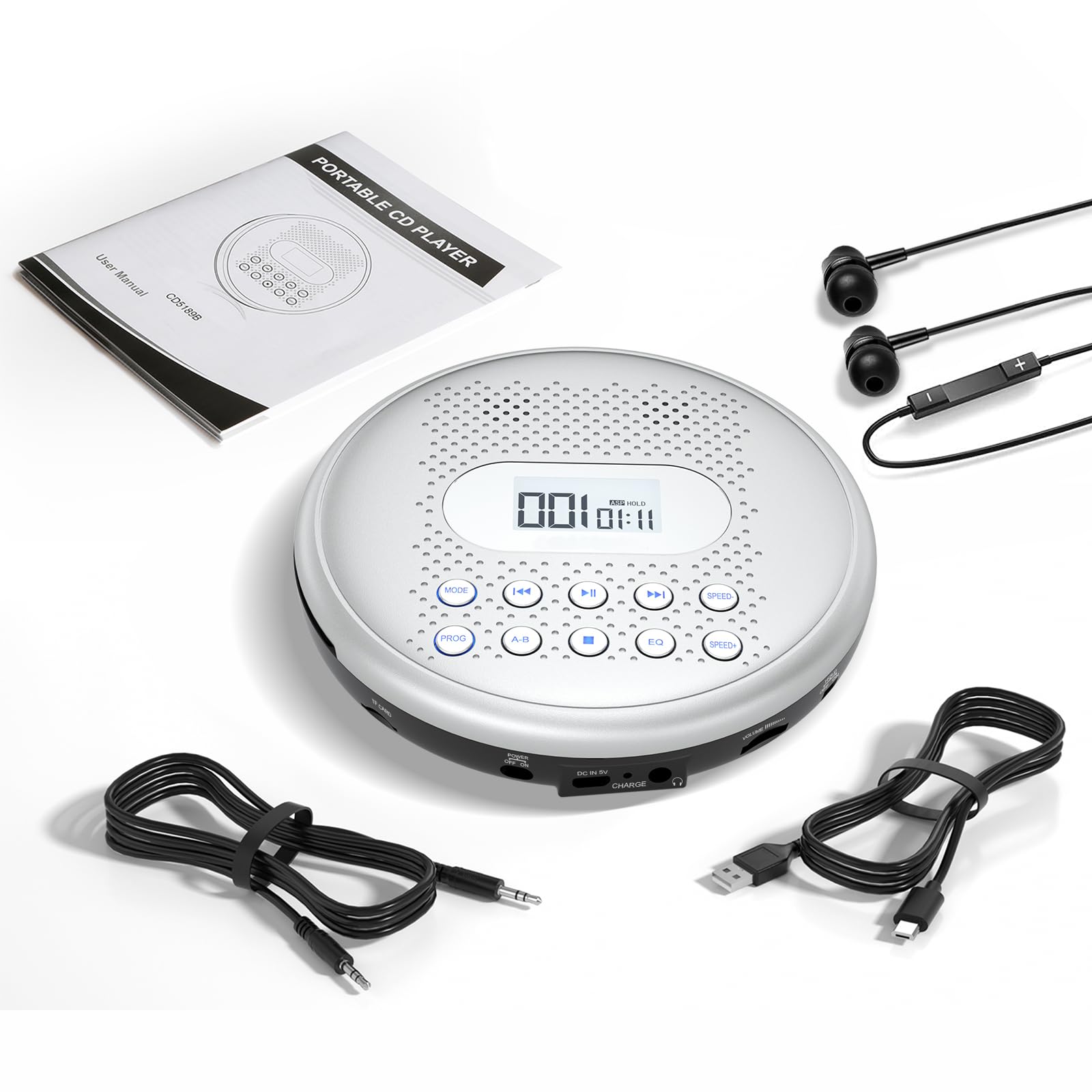ARAFUNA CD Player Portable, Rechargeable Portable CD Players for Car with Speakers, Anti-Skip Small CD Player with Backlit Button, LCD Display and AUX Cable