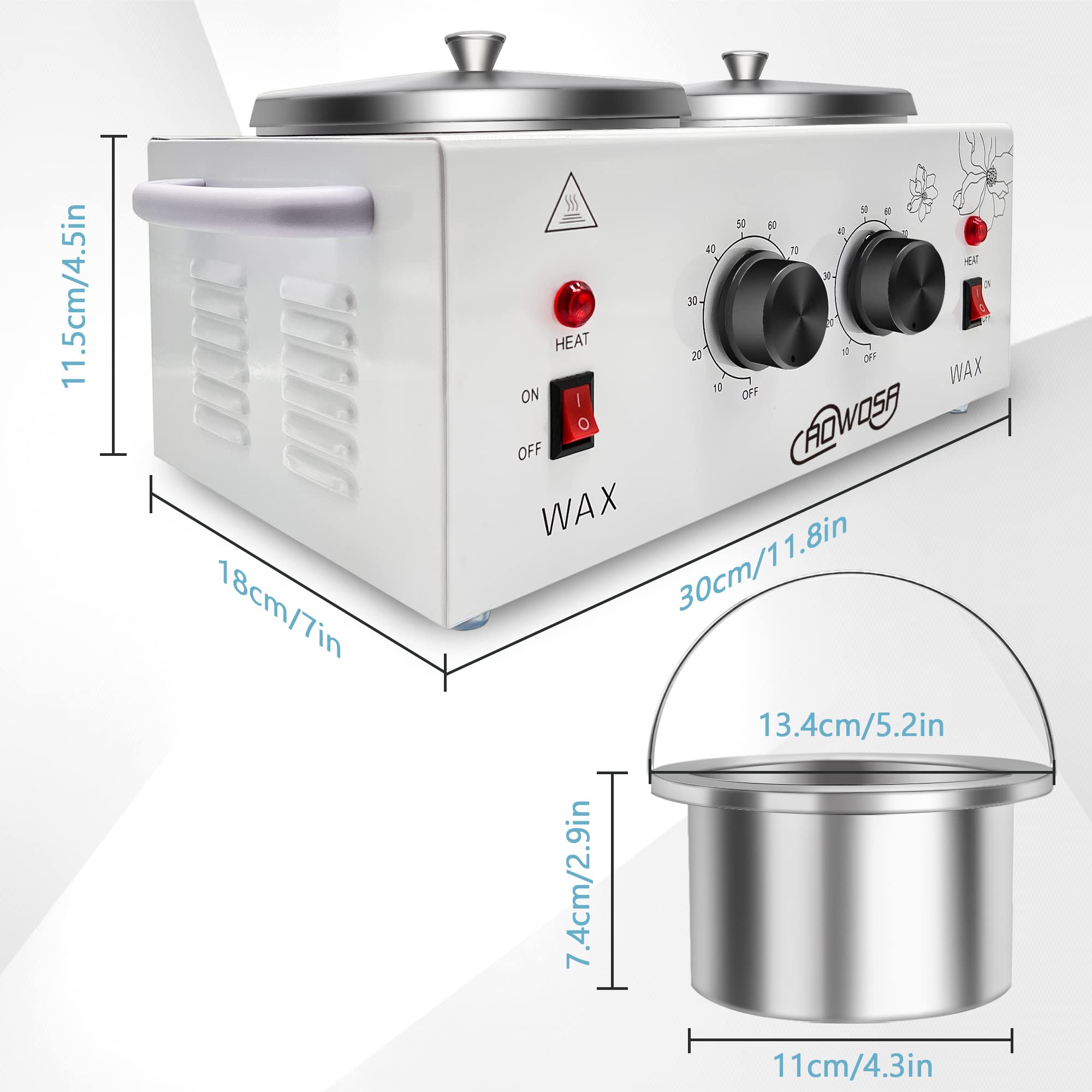 Professional Waxing Kit Wax Warmer Double Pot Wax Heater Machine for Hair Removal, Large Waxing Pot for Spa Salon Beauty Esthetician Home, with Adjustable Temperature Set, 50 Stick & 20 Collar(White)