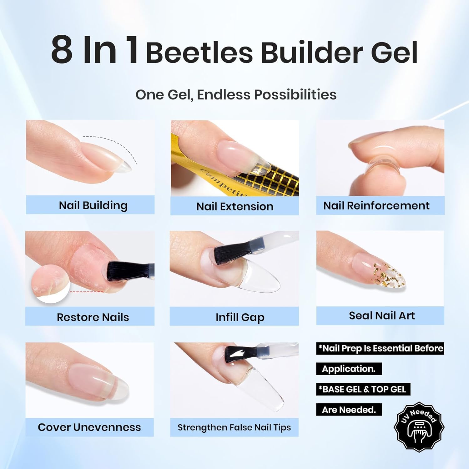 Beetles Builder Gel for Nails,0.51 oz 8 in 1 Clear Builder Strengthener Gel Enhancement Nail Building Nail Apex for Beginners & DIY Fall Halloween Nails Salon Manicure,LED & UV Lamp Needed