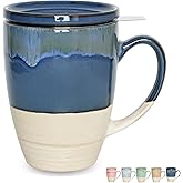 Bosmarlin Ceramic Tea Cup with Infuser and Lid, 13.5 Oz, 5 Colors to Choose, Dishwasher and Microwave Safe, Reactive Glaze, Steeping Tea Mug with Strainer (Deep Blue)