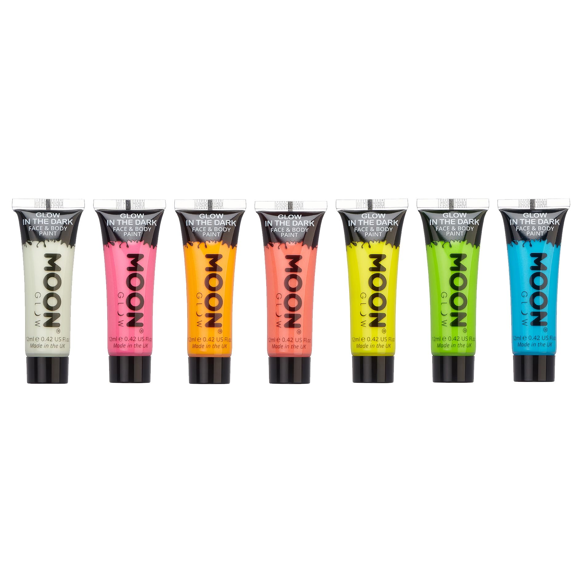 Moon Glow 12ml Glow in the Dark Face & Body Paint - Set of 7 – Phosphorescent - Charge to Glow