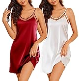 Ekouaer Womens 2 Pack Silky Nightgowns Sexy Lingerie Sleepwear Satin Negligee Chmeise Nighty Mesh V Neck Nightwear