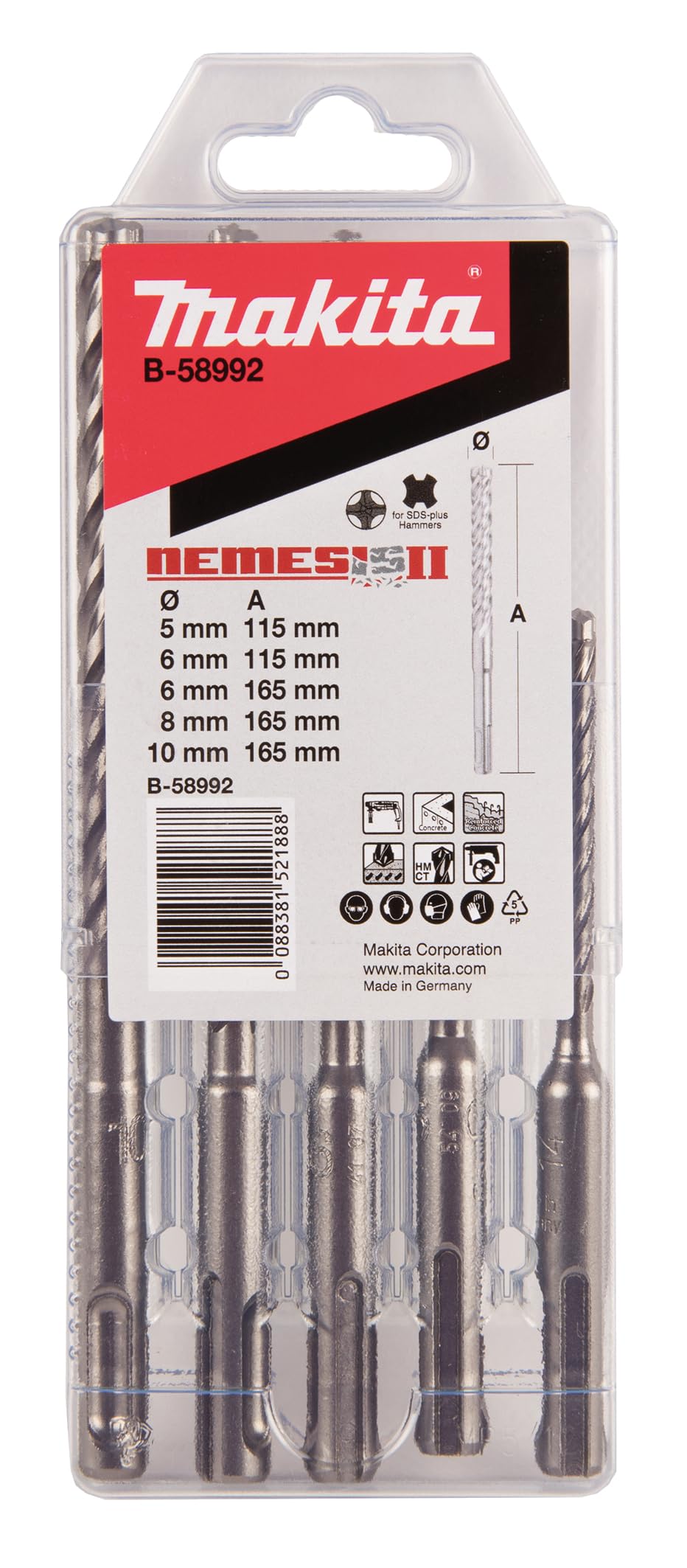 Makita B-58992 NEMESIS2 SDS-PLUS Hammer Drill Bit Set 5-Piece Ideal for Concrete, Reinforced Concrete, Masonry