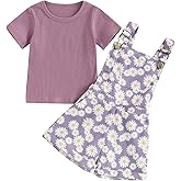 Lucikamy Toddler Baby Girls Summer Outfit Short Sleeve Ribbed Tops + Flower Suspender Overalls Shorts Set Kids Cute Clothes