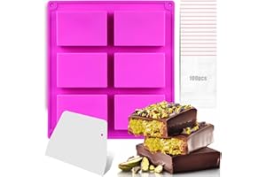 Juome 6 Cavities Chocolate Bar Mold Deep - Thick Deep Chocolate Bar Mold for Filling, Silicone Chocolate Bar Mold for Stuffed Bar Knafeh Pistachio Chocolate Candy Bar with 100Pcs Bags and 1Pc Scraper