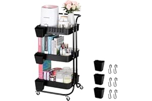 bemece 3 Tier Rolling Utility Cart with Hooks Hanging Cups Lockable Wheel Casters, Multifunctional Rolling Cart Mobile Organizer Storage Trolley Cart for Office Kitchen Bathroom Balcony(Black)