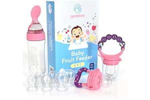 GEDEBEY Baby Fruit Feeder Pacifier - 3 Pack | 2 Frozen Fruit Teething Pacifier & 1 Baby Food Spoon Feeder | Baby Silicone Feeder Pacifier | Teething Feeder, Baby Food Feeder Fruit Pacifier (Pink)