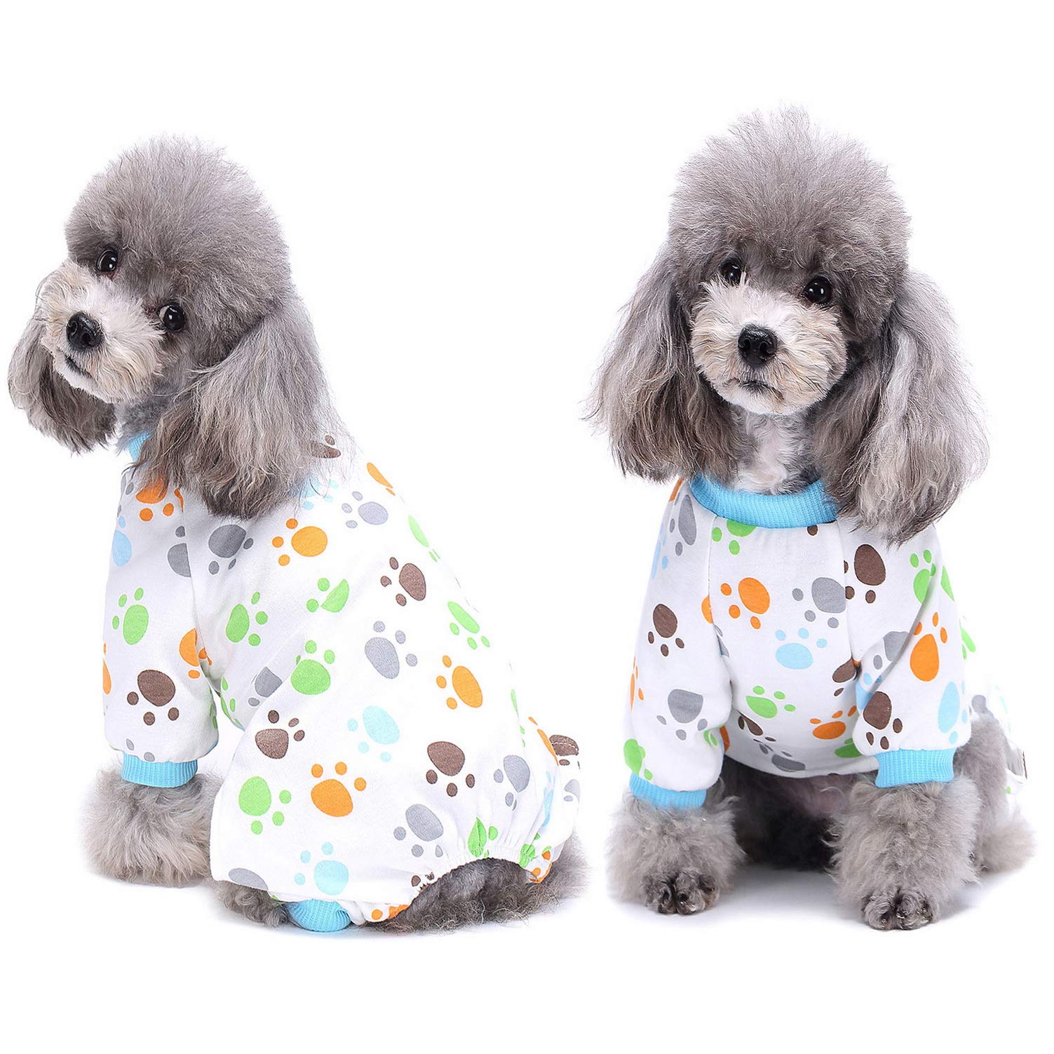 smalllee_lucky_store Paw Print Soft Cotton Pajamas Pyjamas Pjs for Small Dogs Cats Puppy Sleepwear Jumpsuit with Legs Yorkie Chihuahua Clothes Blue,M