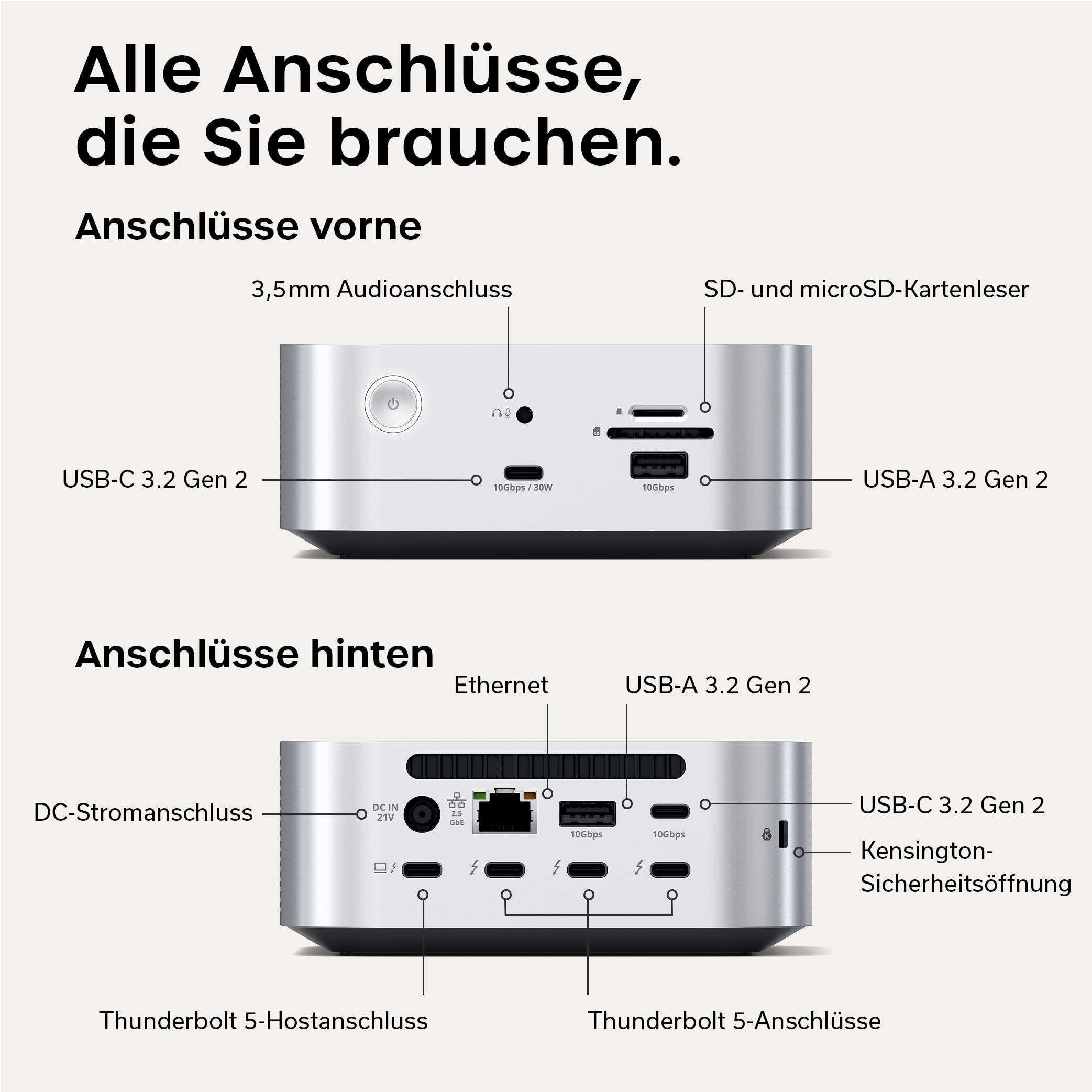 SATECHI Thunderbolt-5 CubeDock™ Dockingstation, 80-120 Gbit/s (USB4 komp.), integriertes NVMe SSD Gehäuse, 140W Laden, Multi-Display bis 8K, USB-C & USB-A 10 Gbit/s, aktive Kühlung, Silber 8